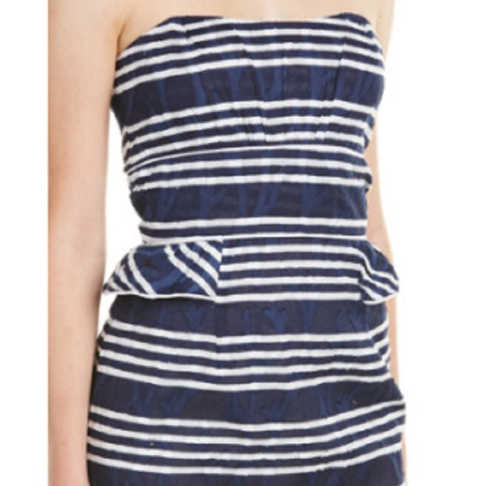 Southern Frock Strapless Seersucker Midi Dress in Blue & White Sz L NWT